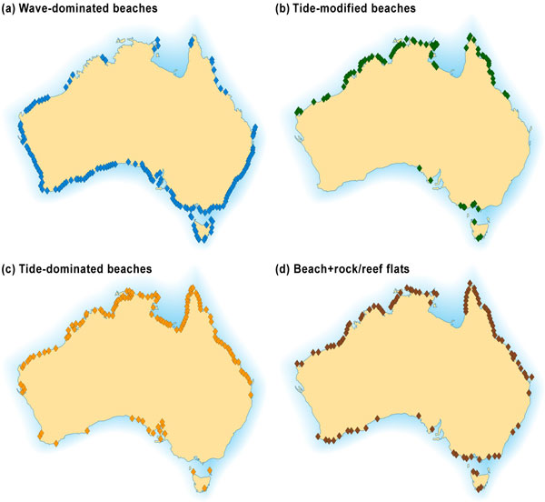 Australia Beach types distribution. Wave-dominated beaches prevail around the southern half of the continent, while tide-modified and tide-dominated are more prevalent across the northern half. Beaches fronted by rock flats can occur right round the coast, while those fronted by fringing coral reefs are restricted to the tropical northern half.