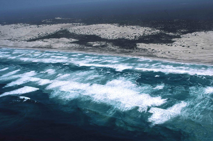 A high energy double bar dissipative beach with a 500 m wide surf zone and multiple lines of breakers. Dog Fence Beach, western Eyre Peninsula, South Australia (Photo: A D Short).