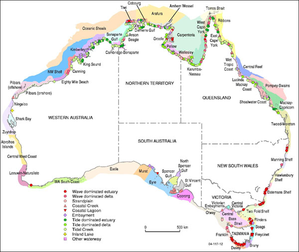 IMCRA bioregions from IMCRA, and the geomorphic type of near-pristine estuaries around Australia according to the NLWRA assessment
