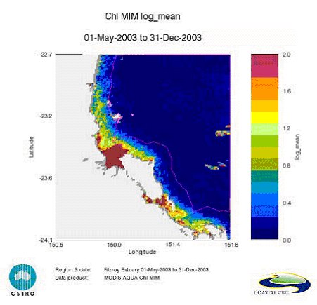 Map of the log-transformed chlorophyll values (log mean) for the dry season in Keppel Bay, Queensland