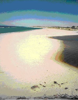 Photo showing Closed sand barrier separating estuarine waters (right) from marine waters (left). Oldfield Estuary, Western Australia