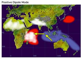 Positive Indian Ocean Dipole modes. Red indicates high sea surface temperatures light blue indicates lower sea surface temperatures.