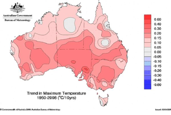 Average trend in annual mean temperature in Australia (ºc/10yrs - 1950-2001)