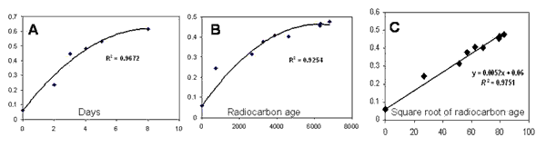 The results from the time-series experiments on fossil molluscs, together with the initial modern aspartic acid D/L value, support the apparent parabolic kinetic trend of aspartic acid.
