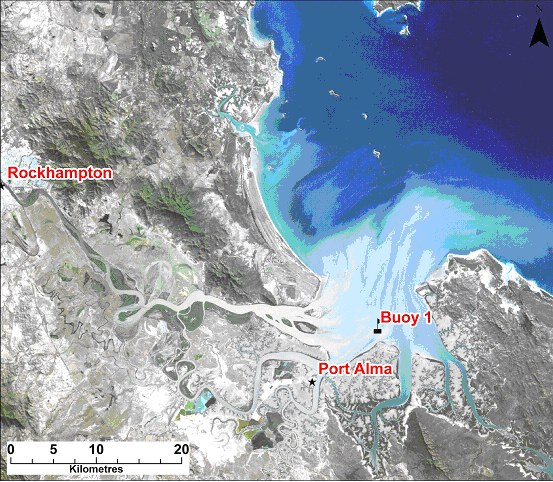 Photo of A landsat TM image of the Fitzroy Estuary and Keppel Bay (Queensland, Australia) from May 2003. The whitish colouration of the water near the estuary mouth is due to suspended sediment.