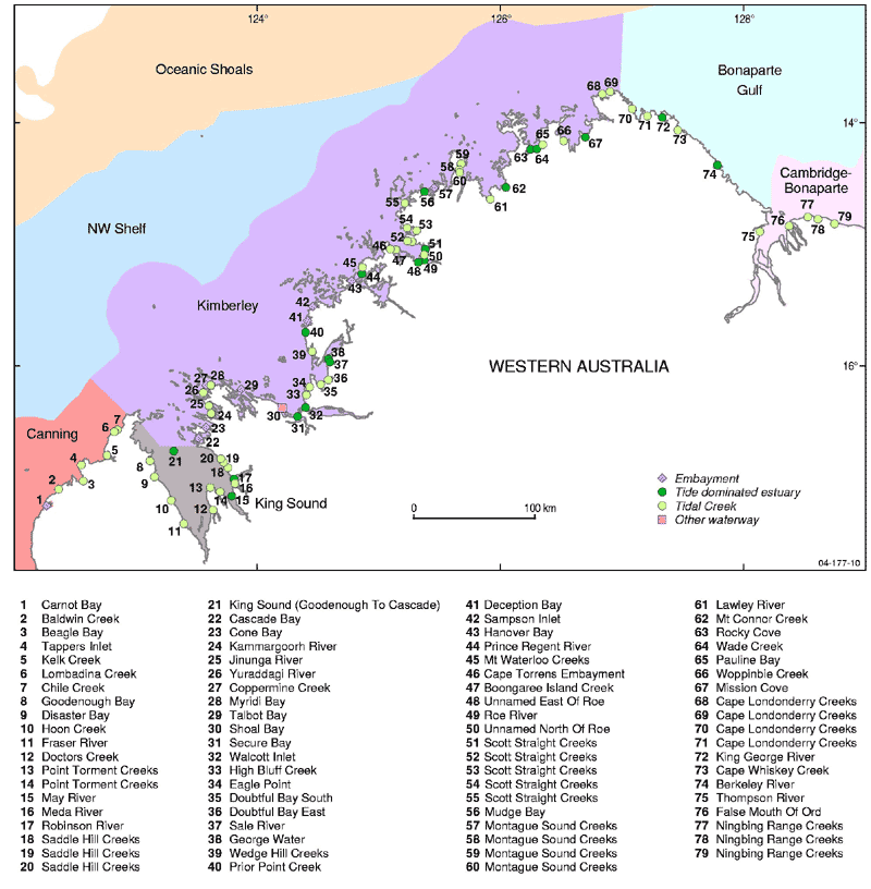 IMCRA regions and near-pristine estuaries of the Kimberley Region, Western Australia