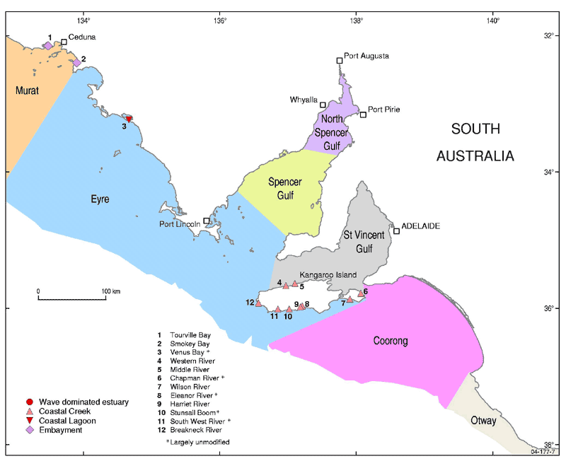 IMCRA regions and near-pristine and largely unmodified estuaries of South Australia