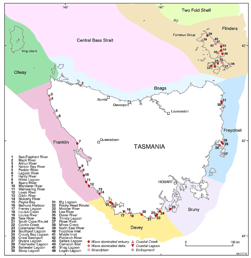 IMCRA regions and near-pristine estuaries of Tasmania